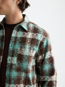 Shirts Long Sleeve: Abstract Check Relaxed Fit Shirt - Agate Green
