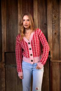 Tuesday Label: Houndstooth Cardi - Pink/Red