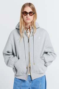Rocking Horse Cropped Oversized Hoodie - Grey Marle/Ecru