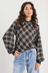 Embrace Chiffon Shirred Neck LS Top - Black Check