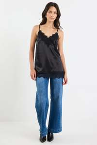 Flo Frankie: Noir Satin Lace Trim Cami - Black