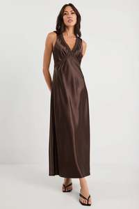 Flo Frankie: Castle Satin Lace Trim Maxi Dress - Chocolate