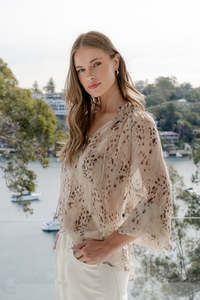 Odyssey Georgette Shirred Neck LS Top - Beige Leopard