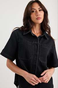 Flo Frankie: Crucial Short Sleeve Shacket - Black Denim