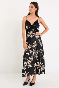 Region Satin Lace Trim Maxi Dress - Black Beige Floral