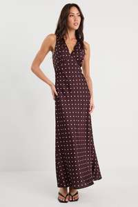 Eastern Satin Bias Flared Maxi Dress - Burgundy Ditsy Polka Dot