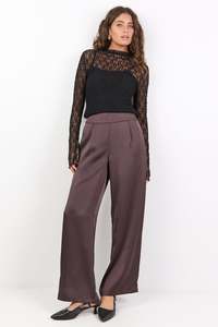 Grandeur Satin Elastic Back Wide Leg Pant - Chocolate