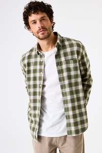 Shirts Long Sleeve: Check Flannelette LS Shirt - Green Moss