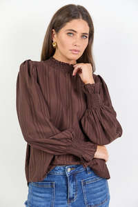 Embrace Self Stripe Shirred Neck LS Top - Chocolate