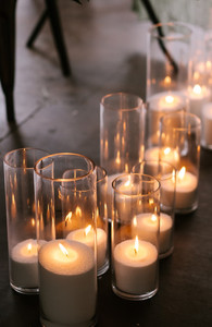Products: Mila Mae & Co glass cylinder pillar candles with pearled wax Gypsy & Co. EVENTS
