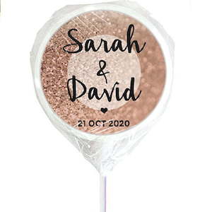 Products: Glitter rose gold personalised wedding lollipops - Designer Personalised Lollipops NZ