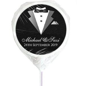 Products: Groom and bride suit personalised wedding lollipops - Designer Personalised Lollipops NZ