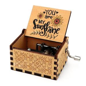 Music Box: You are my sunshine - Sun Flower Music Box Hand Crank Carved Wooden Musical Box