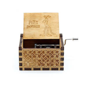 Music Box: Pink Panther Music Box Hand Crank Carved Wooden Musical Box