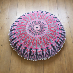 Products: Round Mandala Pom Pom Floor Cushion Cover - Pink Happy Medium