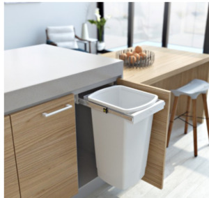 Brand Hafele: Hideaway Waste Bin , Compact Range, 1 x 50 Litres Bucket , Width 340 x Height 590 x Depth 440mm , Handle pull, & Door pull - Arctic White ( Available in 8 sizes : 1 x 15ltr,1x 20ltr ,1 x 40ltr ,1 x 50ltr ,2 x 15ltr ,2 x 20ltr ,2 x 35ltr ,2 x 40ltr )