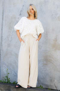 All Bottoms: Muriwai Trouser - Pinstripe Beige Linen