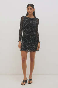 Essentials Womens: Mon Renn Vesper Spot L/S Mini Dress Black Polka Dot