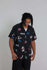 Size 3xl: Crate X Popeye Cuban Collar Shirt Black