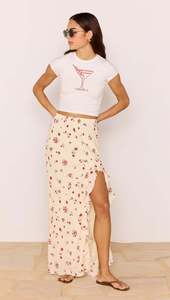 Size Xs: Mink Pink Clemence Ruffle Bias Skirt Cream/Red Floral