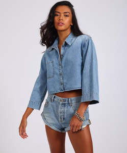 Essentials Womens: One teaspoon Gracie Cropped Denim Shirt- Misty Blue