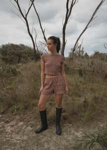 Afends Capricorn - Seersucker Short - Burgundy / Beige Check