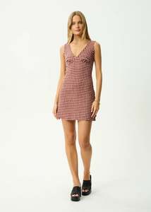 Afends Capricorn - Seersucker Mini Dress - Burgundy / Beige Check