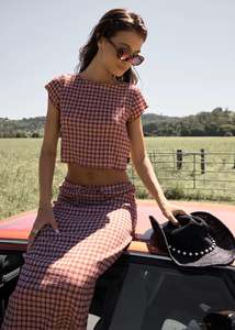 Afends Capricorn - Seersucker Top - Burgundy / Beige Check