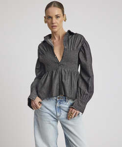 Womens Tops 1: One Teaspoon Cafe Terrace Shirred Chambray Shirt Black