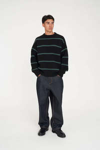Huffer Stack Stripe Knit Crew Black/Pine