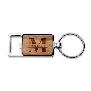 Engraved Wood Metal Keyrings: Monogram Rectangle Metal Keyring