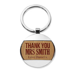 Engraved Wood Metal Keyrings: Thank You Round Metal Keyring