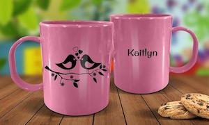 Pink Mugs: Two Birds Plastic Mug - Pink
