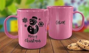 Pink Mugs: Snowman Plastic Christmas Mug - Pink