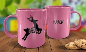 Pink Mugs: Reindeer Plastic Christmas Mug - Pink