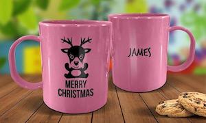 Pink Mugs: Cute Reindeer Plastic Christmas Mug - Pink