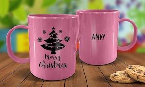 Pink Mugs: Christmas Tree Plastic Christmas Mug - Pink