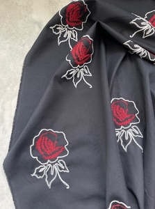 Fabric Cotton Linen Silk Wool: COMO LA FLOR EMBROIDERED ROSES ON A BLACK COTTON BASE