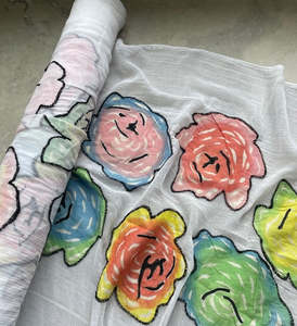 Fabric Cotton Linen Silk Wool: TALLULAH FLORAL BORDER ON A COTTON GAUZE