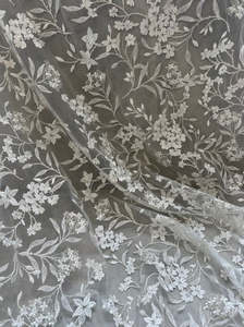 Bridal Fabrics Trimmings: LEILANI EMBROIDERED FLORAL REPEAT WITH TINY SILVER SEQUINS