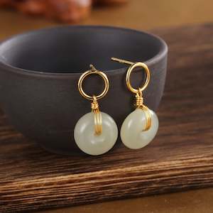 Yellow Gold Plated Sterling Silver Hetian Jade Earrings