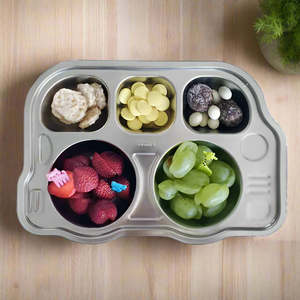 Kids Tableware: (5pc) Kids Stainless Steel Dinnerware Bundle, Bus Plate & Cutlery Set