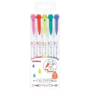 Zebra Mildliner Double-Sided Brush Pens Orange Pack | 5 Colour Set WFT8-5C-HC