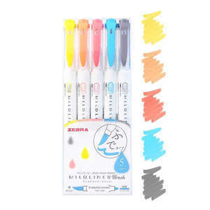 Zebra Mildliner Double-Sided Brush Pens Blue Pack | 5 Colour Set WFT8-N-5C