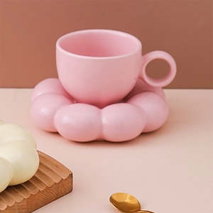 Ceramic Coffee Mug With Saucer | Pink