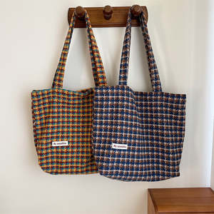 Retro Plaid Tote Bag Large | Yellow and Blue