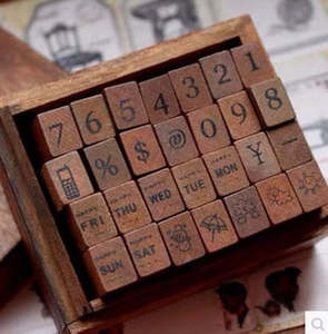 Stamps And Ink: Vintage Wooden Stamps | Numbers Dates Symbols 28 Pcs