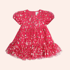 Golden Cherries Puff Sleeve Tulle Dress