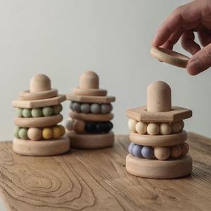 Infant Toys: Natural Silicon Bead and Wooden Rings Educational Stacking Toy