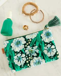 Tumbling Flowers Green Velvet Cosmetic Purse